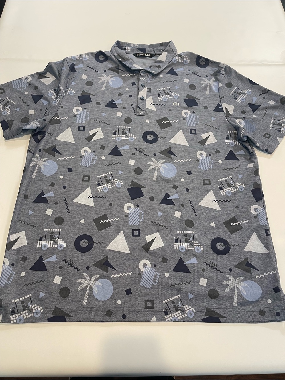 TravisMathew Men's Golf Polo Shirt XXL Gray Geometric Print Logo. SKU#0572